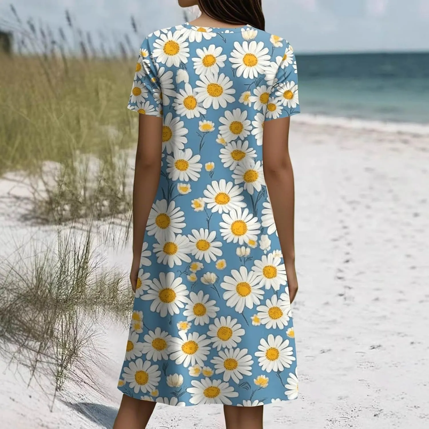 Sundresses for Women 2025 Casual Beach Vacation Summer Dresses Scoop Neck Short Sleeve Knee Length Midi Dress