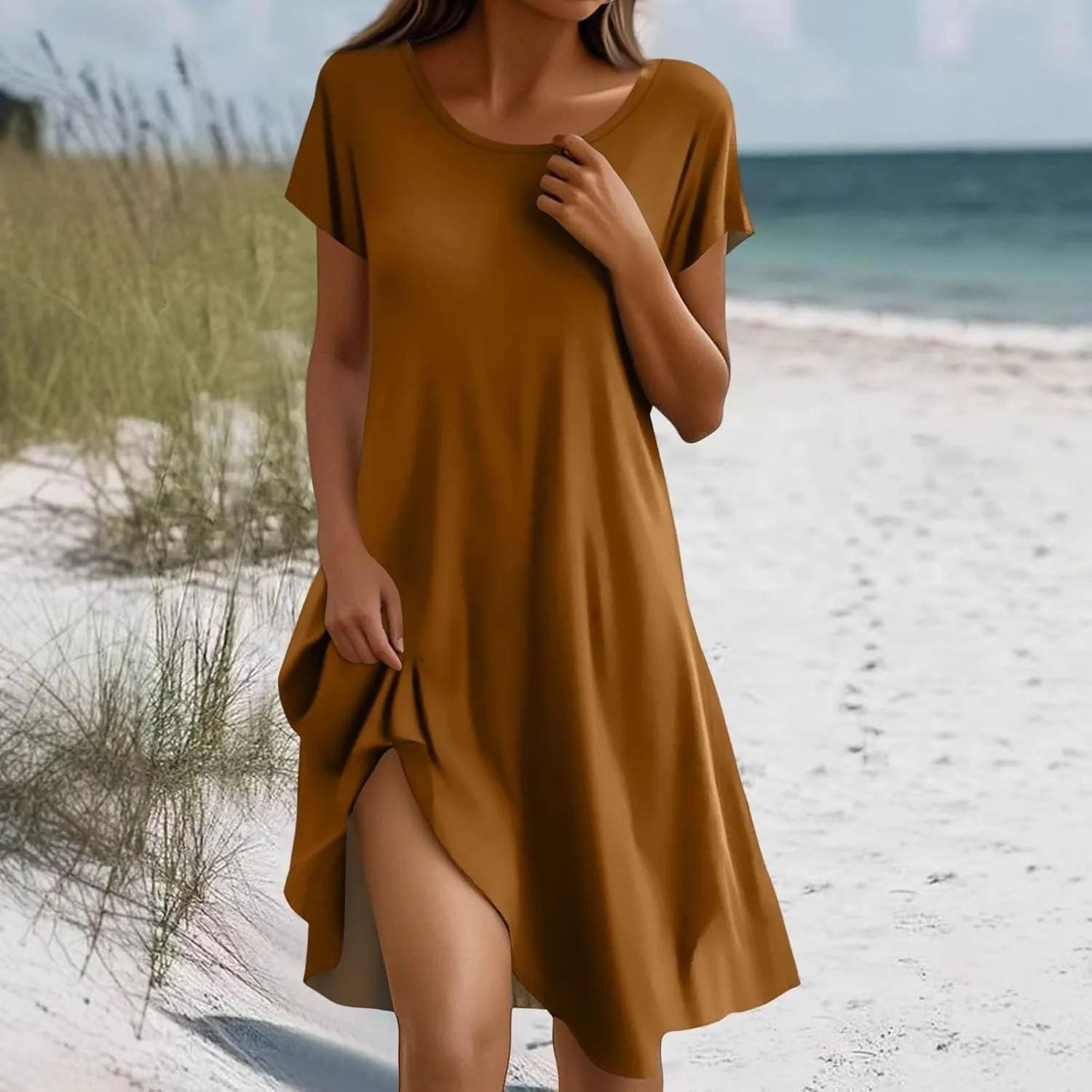 Sundresses for Women 2025 Casual Beach Vacation Summer Dresses Scoop Neck Short Sleeve Knee Length Midi Dress