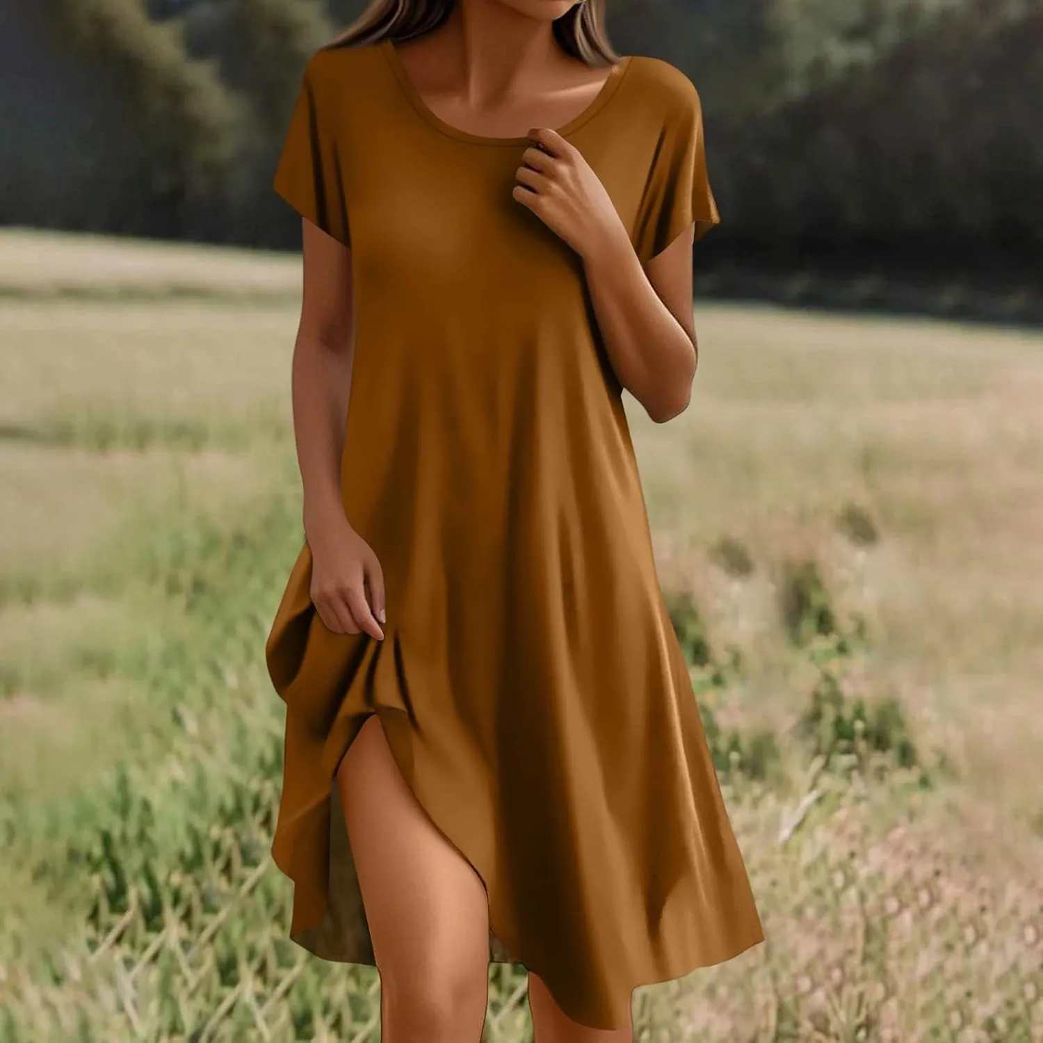 Sundresses for Women 2025 Casual Beach Vacation Summer Dresses Scoop Neck Short Sleeve Knee Length Midi Dress