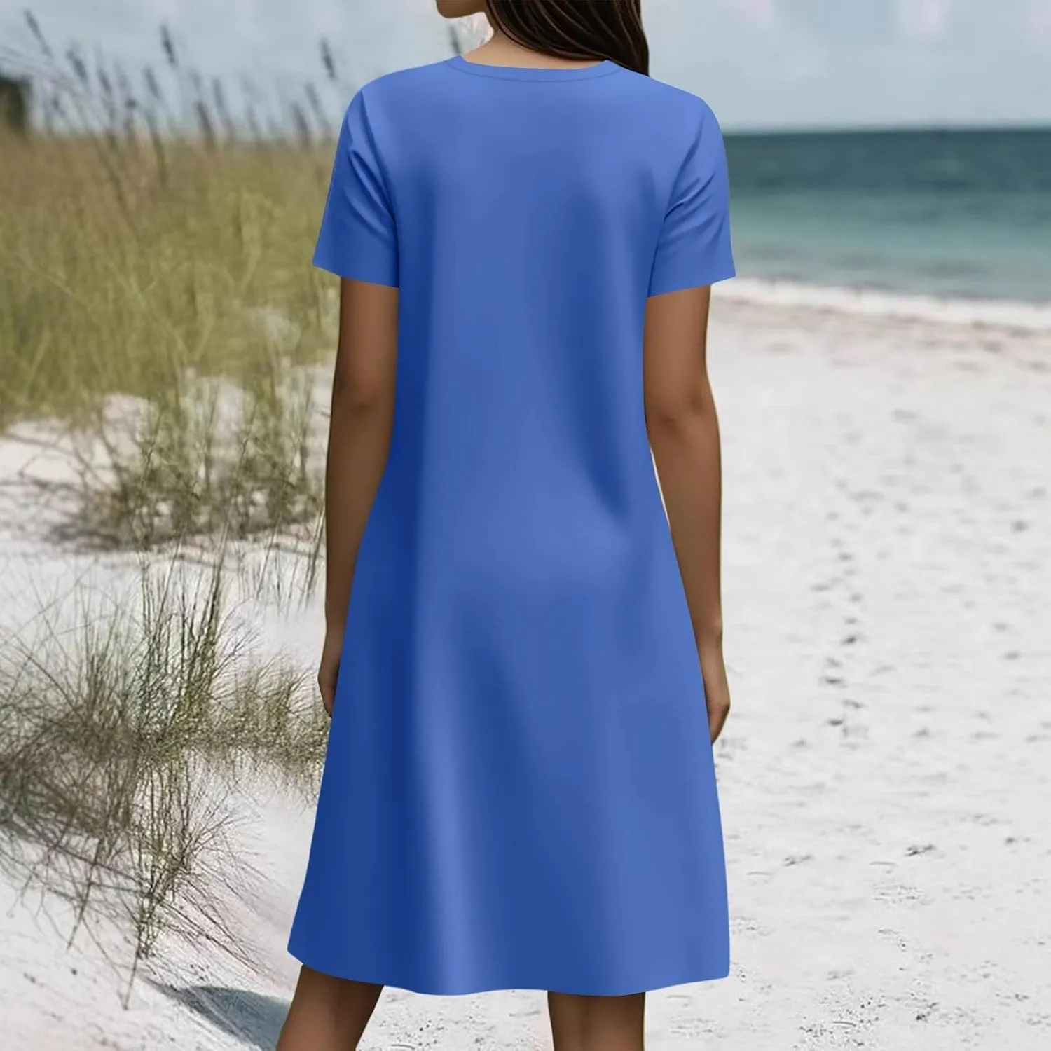 Sundresses for Women 2025 Casual Beach Vacation Summer Dresses Scoop Neck Short Sleeve Knee Length Midi Dress