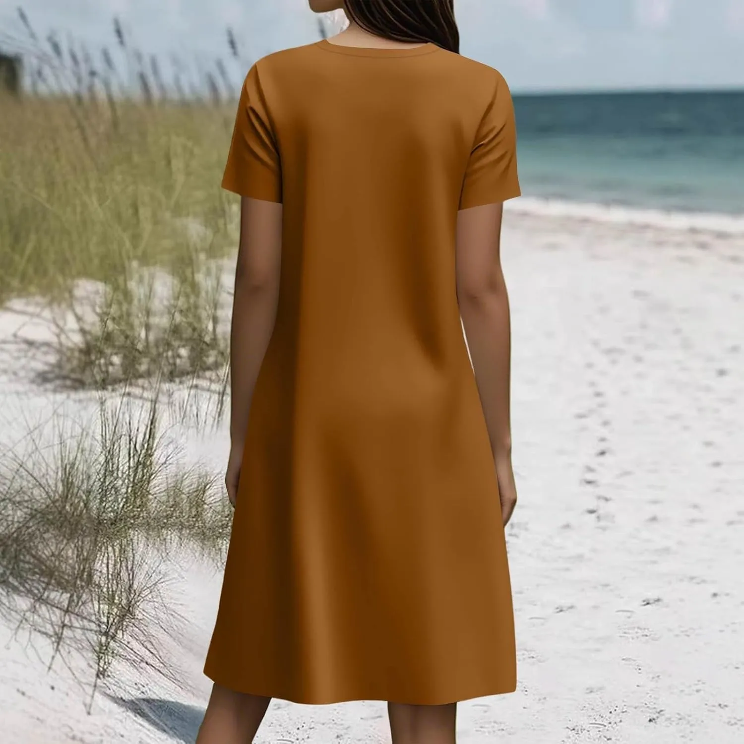 Sundresses for Women 2025 Casual Beach Vacation Summer Dresses Scoop Neck Short Sleeve Knee Length Midi Dress