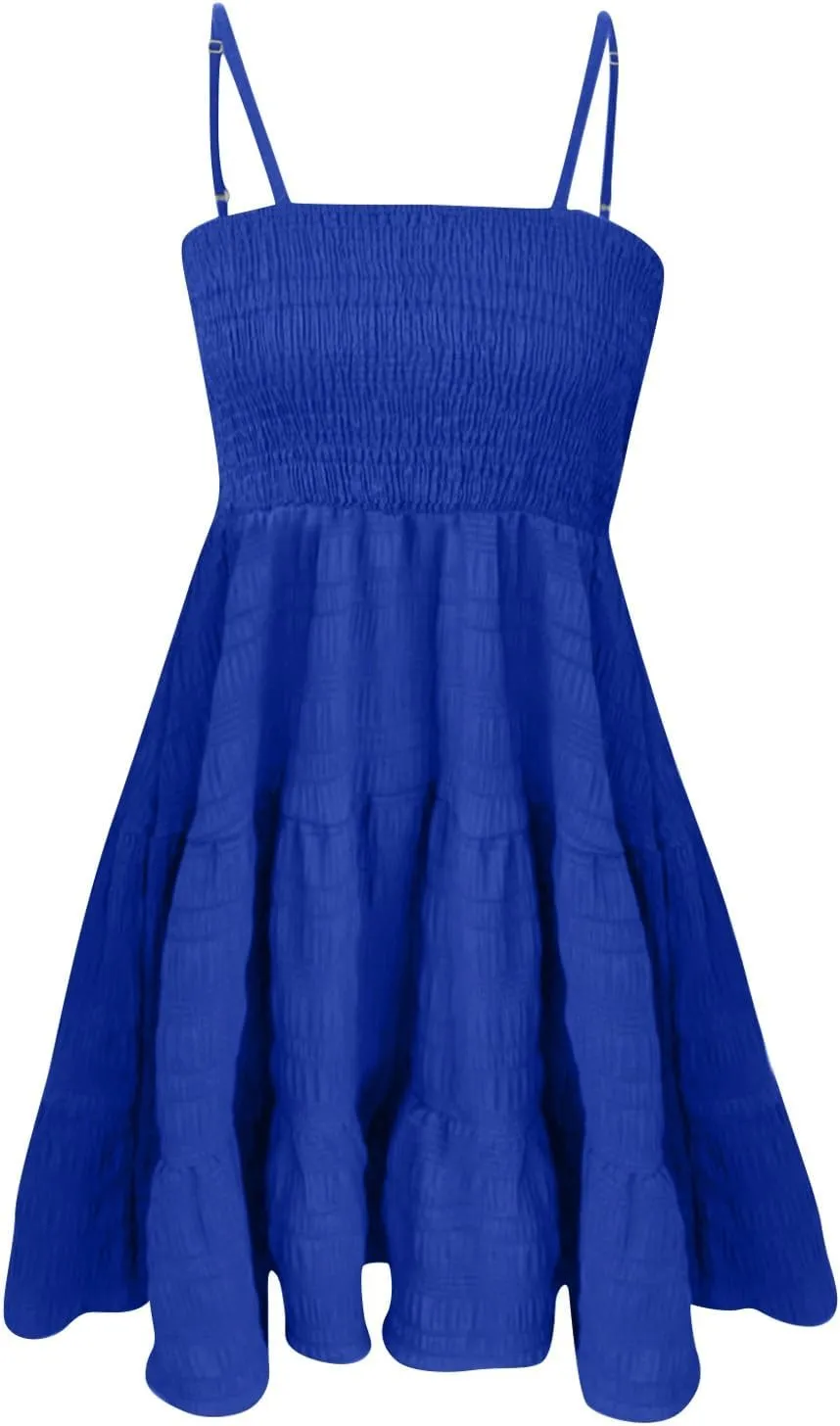 Sundresses for Women 2025 Short Smocked Spaghetti Strap Babydoll Dress Casual Summer Flowy Tiered A Line Skater Dress