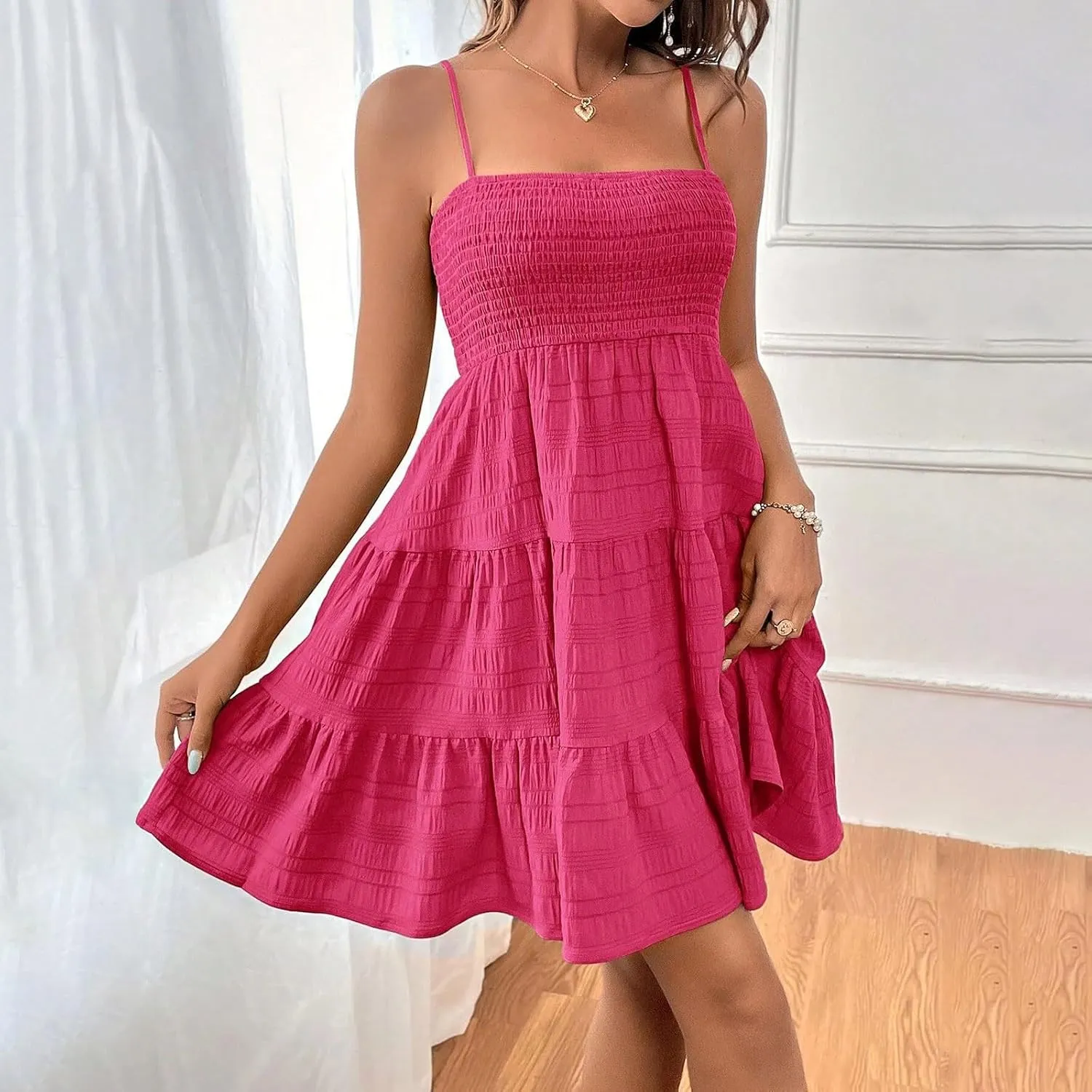 Sundresses for Women 2025 Smocked Spaghetti Strap Tiered Ruffe Mini Dress Flowy Summer Casual A Line Skater Dress