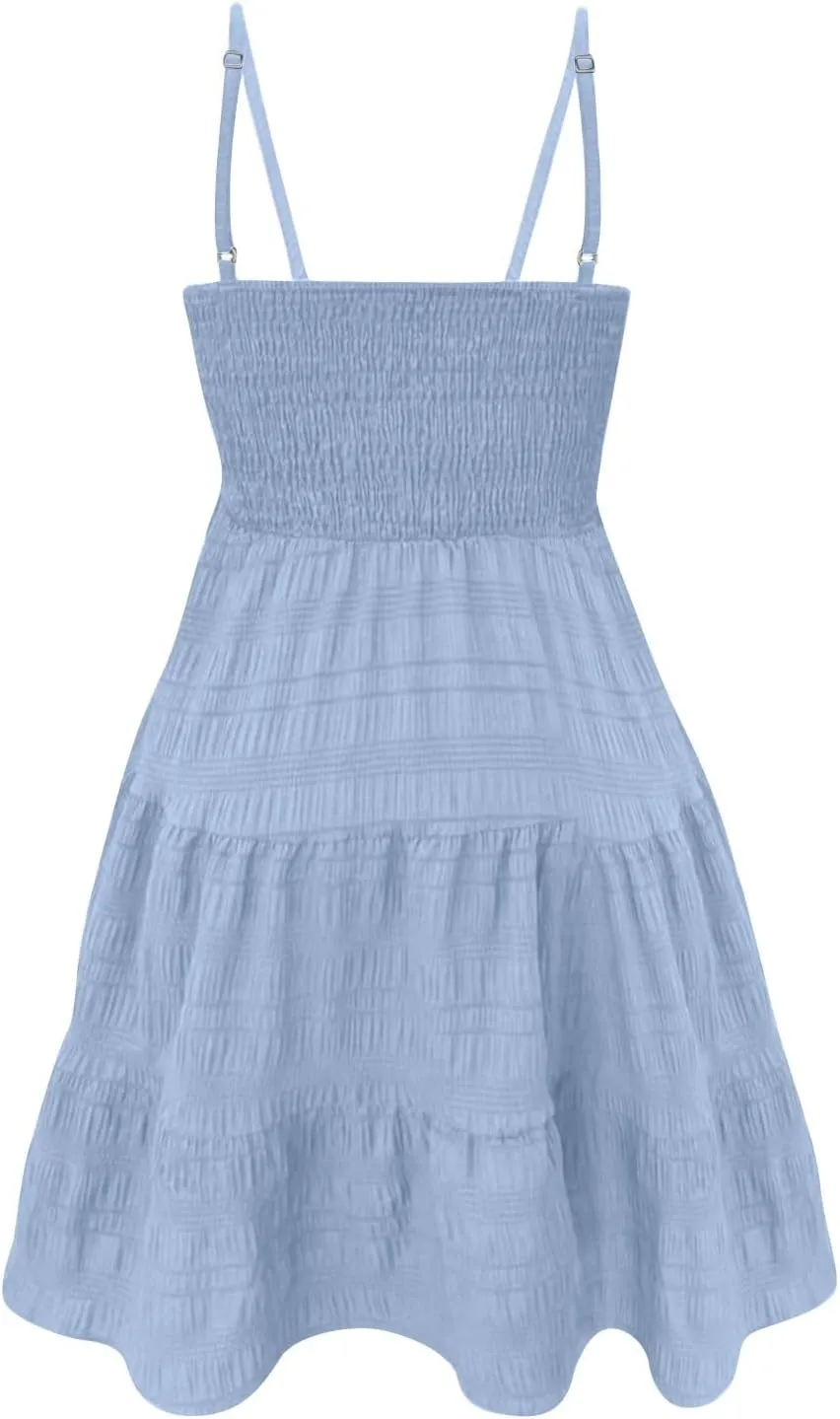 Sundresses for Women 2025 Smocked Spaghetti Strap Tiered Ruffe Mini Dress Flowy Summer Casual A Line Skater Dress
