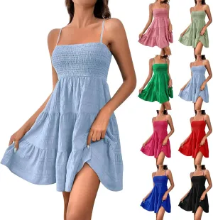 Sundresses for Women 2025 Smocked Spaghetti Strap Tiered Ruffe Mini Dress Flowy Summer Casual A Line Skater Dress