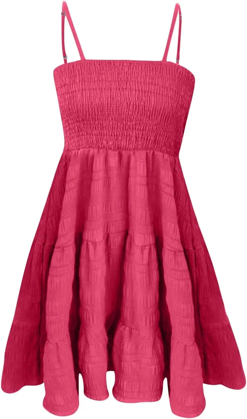 Sundresses for Women 2025 Smocked Spaghetti Strap Tiered Ruffe Mini Dress Flowy Summer Casual A Line Skater Dress