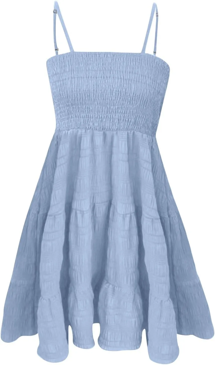 Sundresses for Women 2025 Smocked Spaghetti Strap Tiered Ruffe Mini Dress Flowy Summer Casual A Line Skater Dress