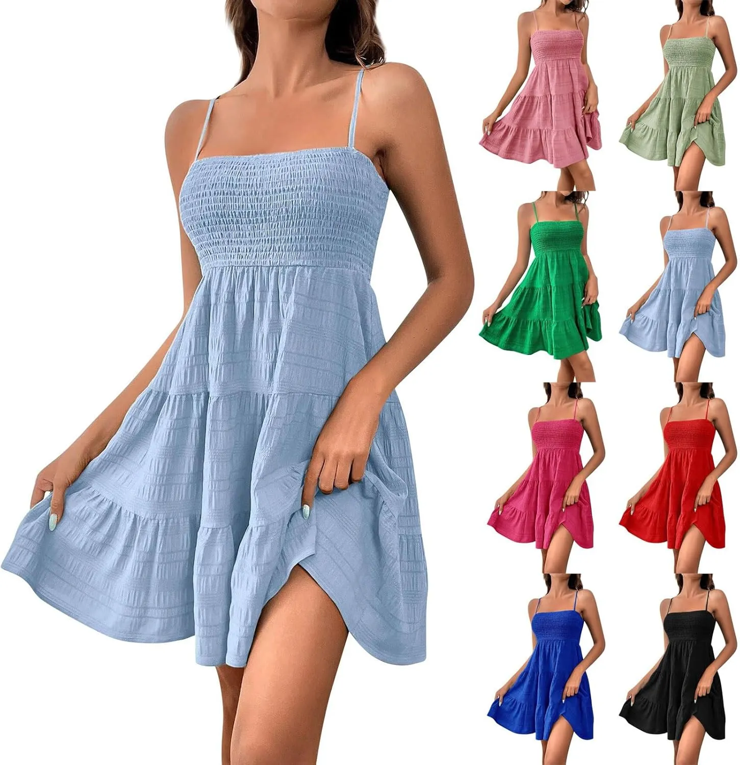 Sundresses for Women 2025 Smocked Spaghetti Strap Tiered Ruffe Mini Dress Flowy Summer Casual A Line Skater Dress