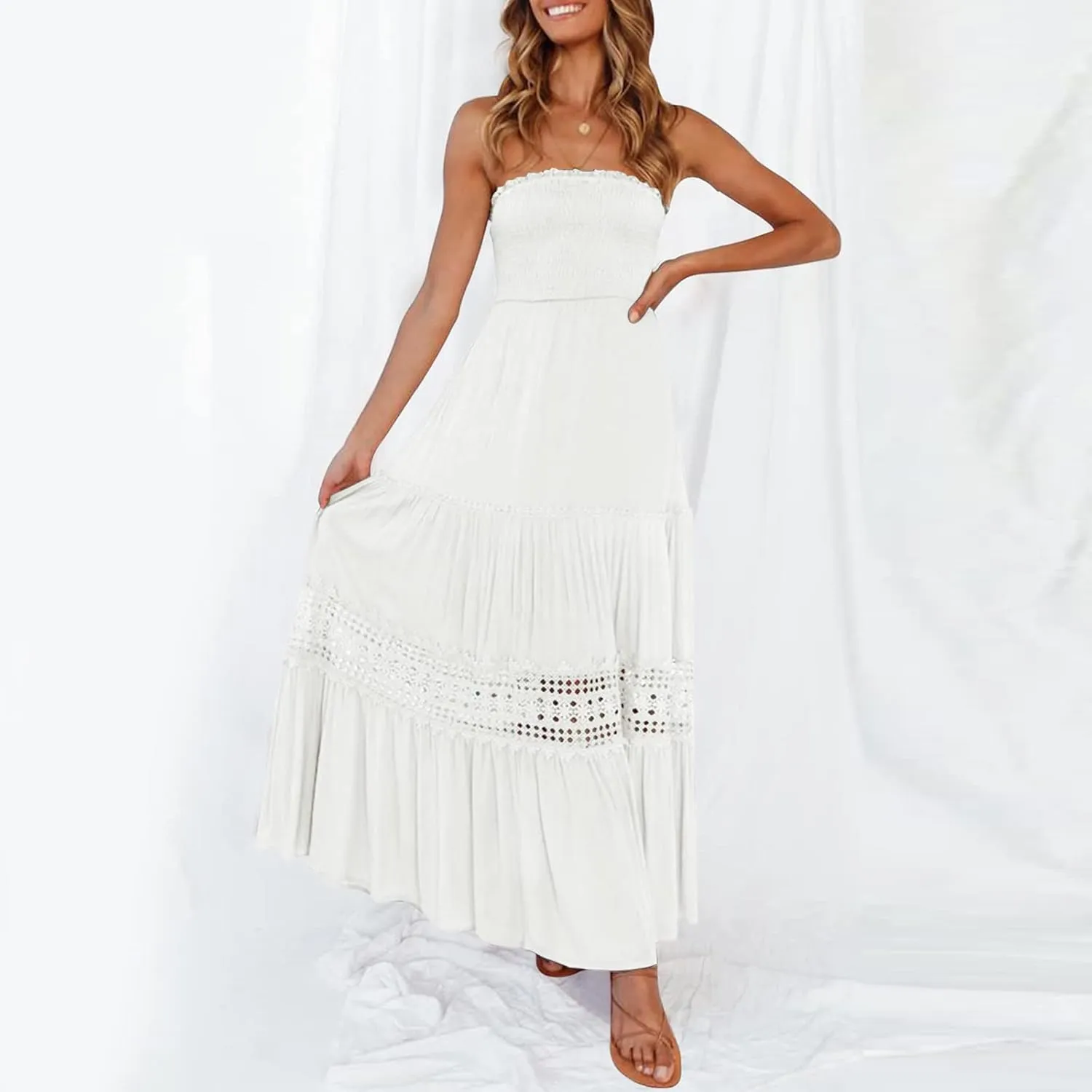 Sundresses For Women 2025 Vacation Sexy Women Summer Boho Strapless Maxi Dress Casual Sleeveless Off Shoulder Dresses