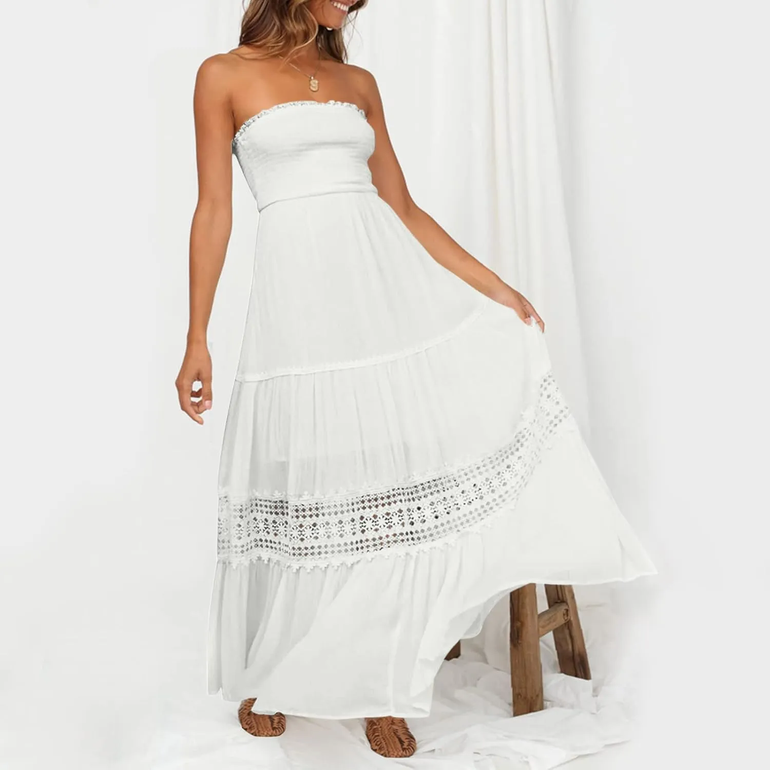 Sundresses For Women 2025 Vacation Sexy Women Summer Boho Strapless Maxi Dress Casual Sleeveless Off Shoulder Dresses