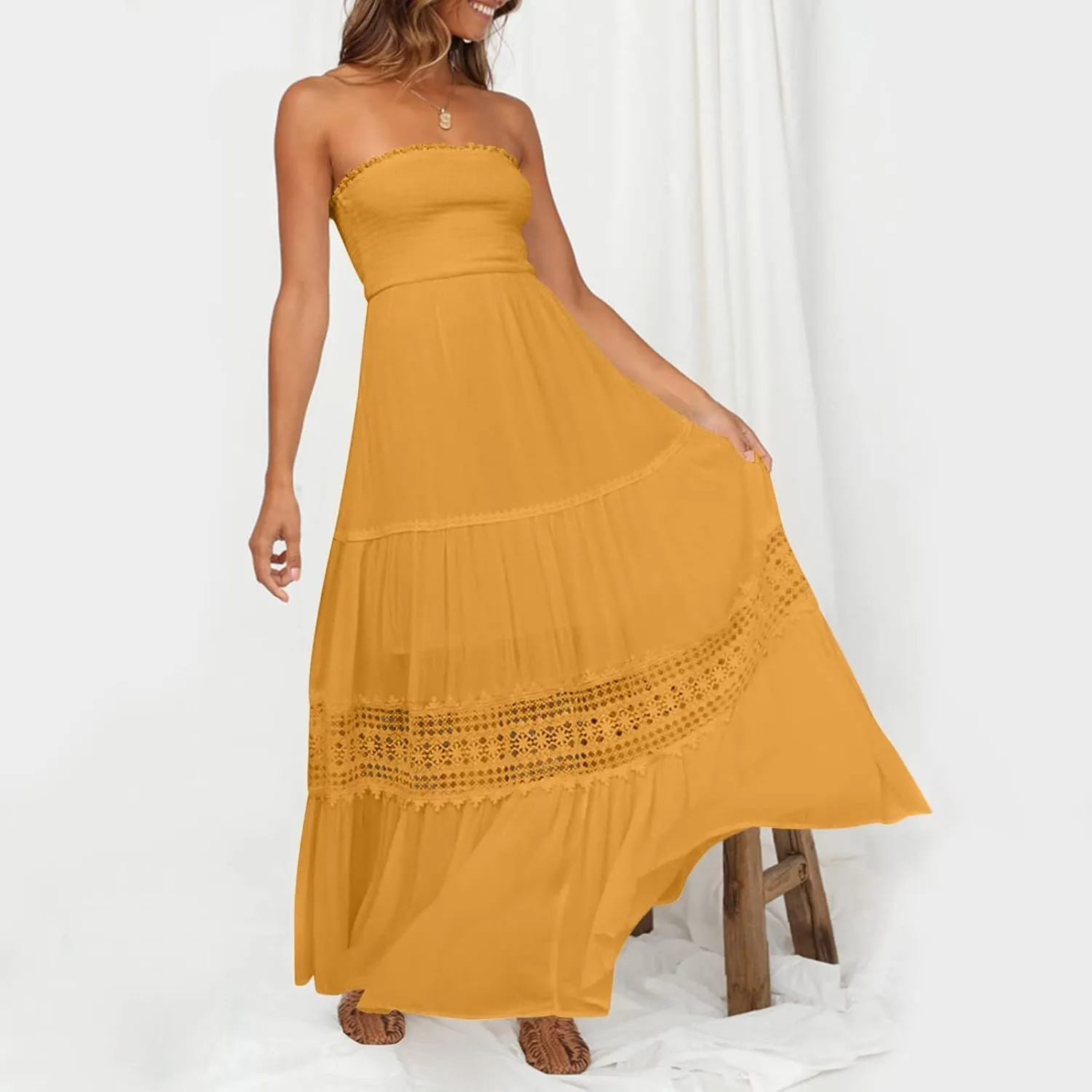 Sundresses For Women 2025 Vacation Sexy Women Summer Boho Strapless Maxi Dress Casual Sleeveless Off Shoulder Dresses