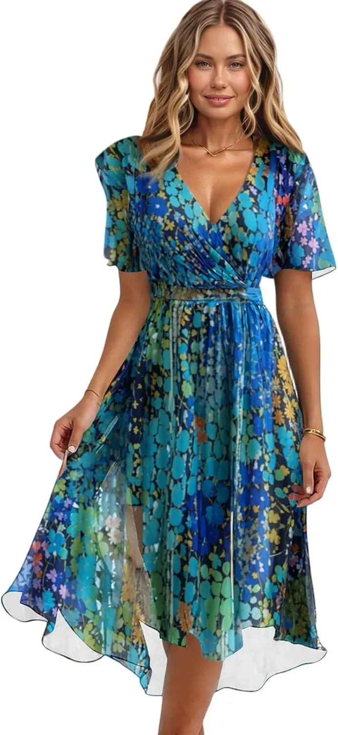 Sundresses for Women,Cocktail Prom Summer Sexy Dress Chiffon Womens Spring Dresses Wrap Flowy Wedding Guest