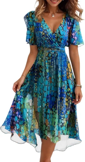Sundresses for Women,Cocktail Prom Summer Sexy Dress Chiffon Womens Spring Dresses Wrap Flowy Wedding Guest