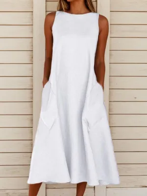TIAFORD Women Casual Cotton Linen Sleeveless Maxi Dress Summer Crew Neck Loose Beach Flowy Long Tank Sun Dress with Pocket