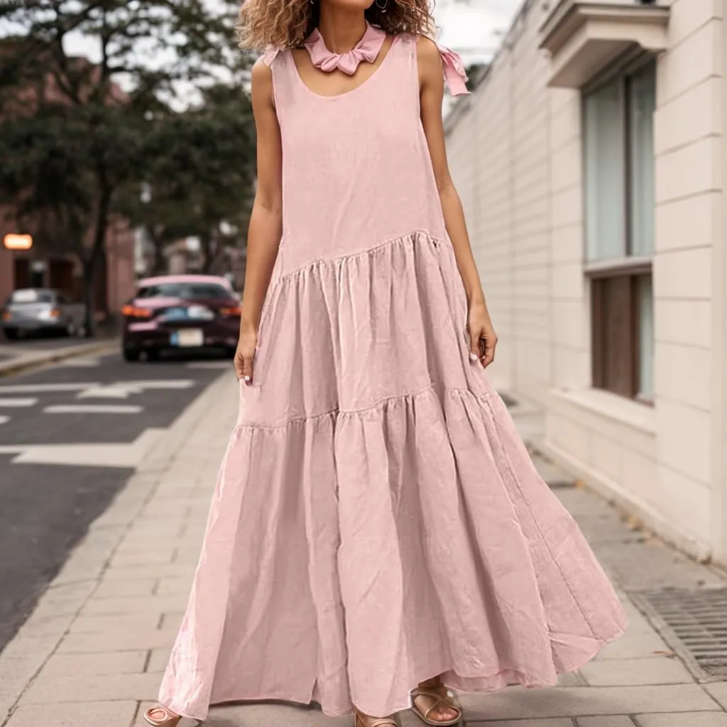 TIAFORD Womens Casual Crewneck Cotton Linen Maxi Dress Tiered Linen Tank Sundress Sleeveless Summer Flowy Beach Dress