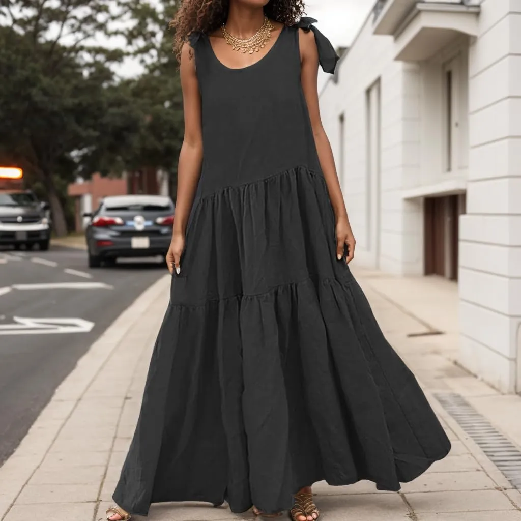 TIAFORD Womens Casual Crewneck Cotton Linen Maxi Dress Tiered Linen Tank Sundress Sleeveless Summer Flowy Beach Dress