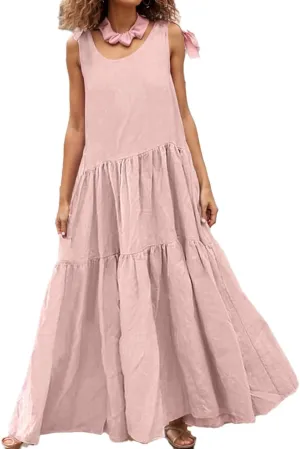 TIAFORD Womens Casual Crewneck Cotton Linen Maxi Dress Tiered Linen Tank Sundress Sleeveless Summer Flowy Beach Dress