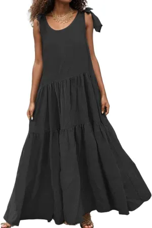 TIAFORD Womens Casual Crewneck Cotton Linen Maxi Dress Tiered Linen Tank Sundress Sleeveless Summer Flowy Beach Dress