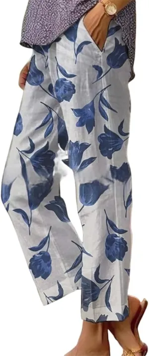 TIAFORD Womens Summer Boho Floral Print Linen Pants Drawstring Elastic Hight Waist Casual Loose Trousers with 4 Pockets