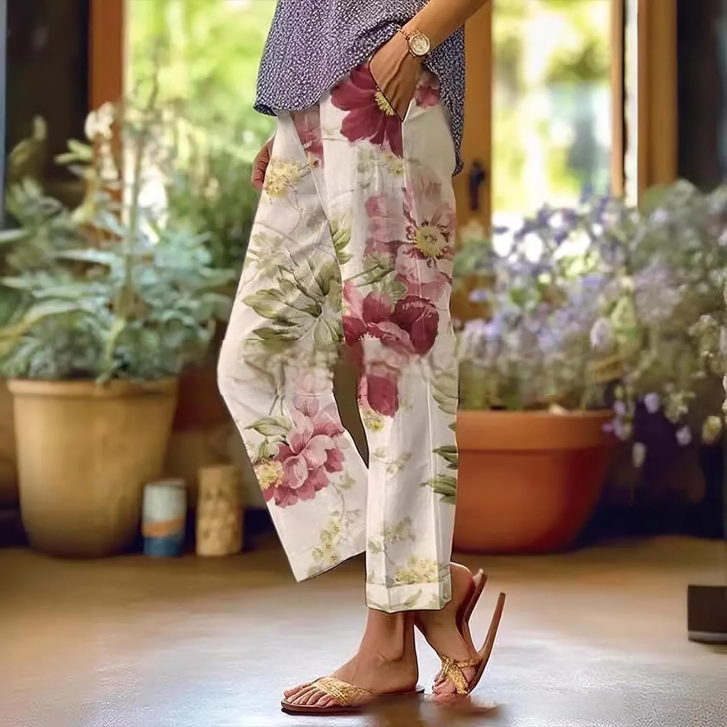 TIAFORD Womens Summer Boho Floral Print Linen Pants Drawstring Elastic Hight Waist Casual Loose Trousers with 4 Pockets