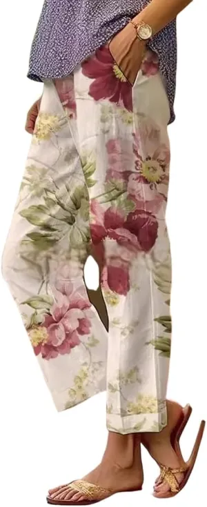 TIAFORD Womens Summer Boho Floral Print Linen Pants Drawstring Elastic Hight Waist Casual Loose Trousers with 4 Pockets