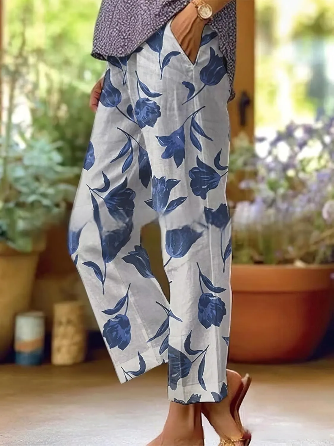 TIAFORD Womens Summer Boho Floral Print Linen Pants Drawstring Elastic Hight Waist Casual Loose Trousers with 4 Pockets