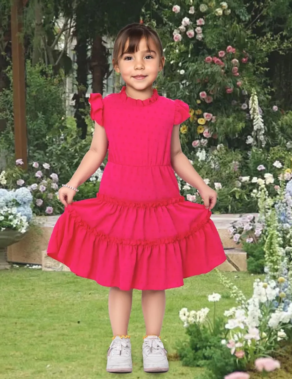 Toddler Girl Dress Hot Pink Flutter Sleeve Tiered Twirl A-Line Dress Summer Outfits Beach Party Sundress 2-7 Years