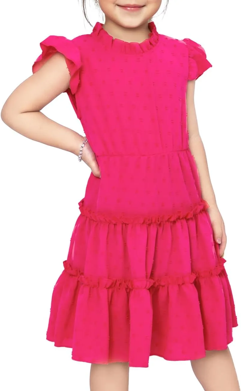 Toddler Girl Dress Hot Pink Flutter Sleeve Tiered Twirl A-Line Dress Summer Outfits Beach Party Sundress 2-7 Years