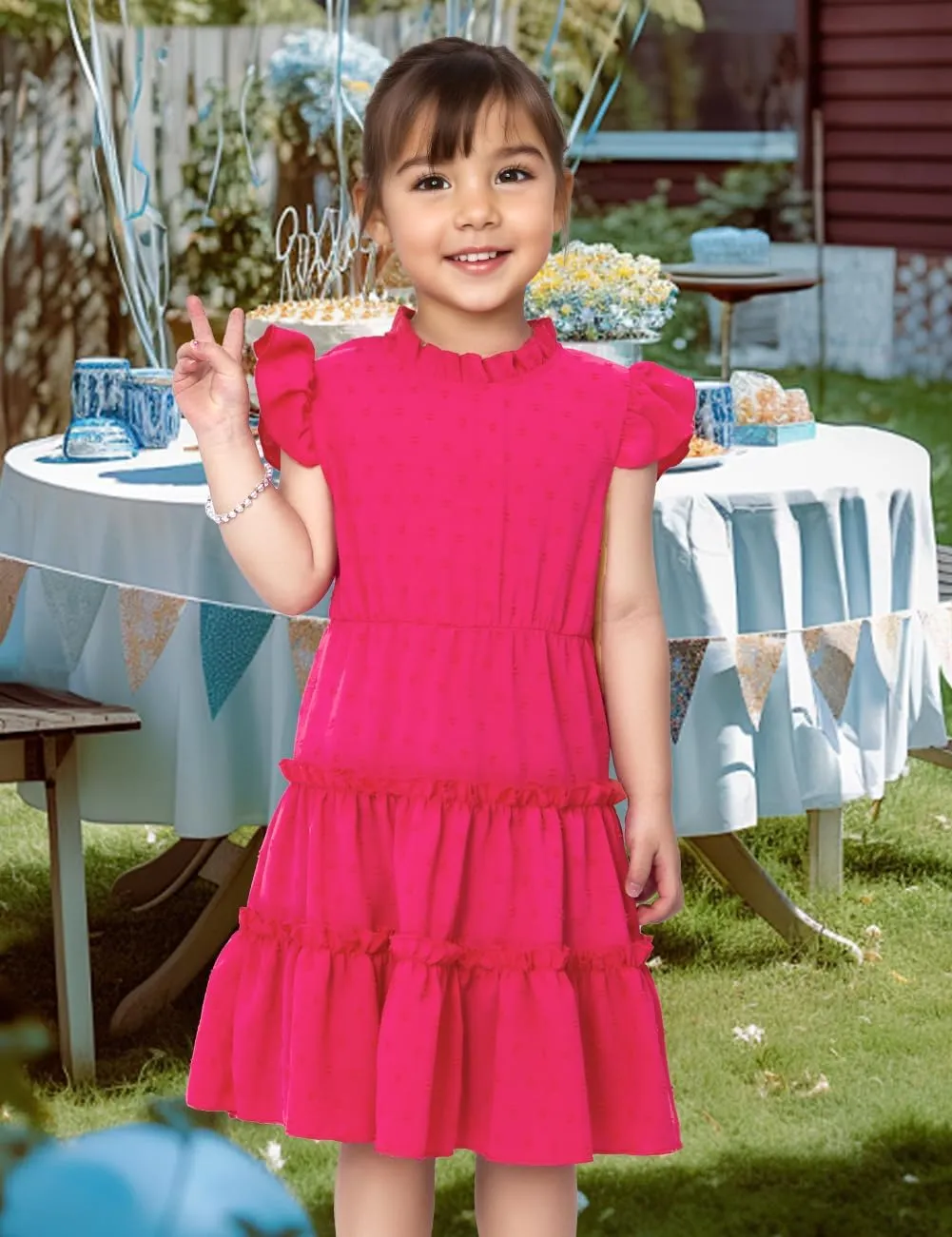 Toddler Girl Dress Hot Pink Flutter Sleeve Tiered Twirl A-Line Dress Summer Outfits Beach Party Sundress 2-7 Years