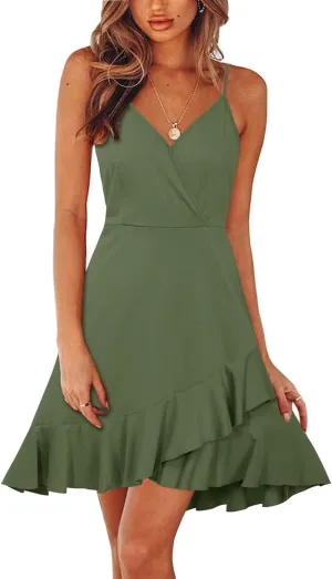ULTRANICE Womens Summer Dresses Floral V Neck Ruffled Hem Spaghetti Spring Casual Beach Outfits Flowy Wrap Sun Dress
