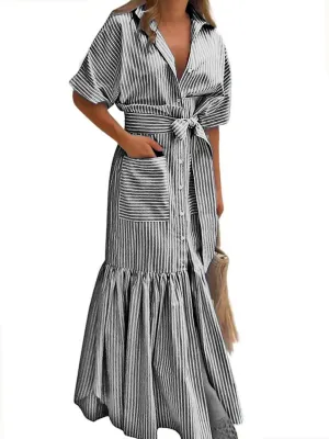 utcoco Women's 2025 Summer Casual Striped Button Down Maxi Dress Tie Waist Short Sleeve Shirt Dress with Pockets