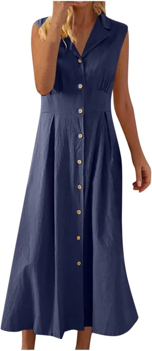 Vacation Dresses for Women 2025 Casual Beach Sundress Cotton Linen Vacation Loose Flowy V Neck Button Down Dress