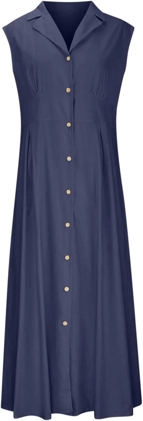 Vacation Dresses for Women 2025 Casual Beach Sundress Cotton Linen Vacation Loose Flowy V Neck Button Down Dress