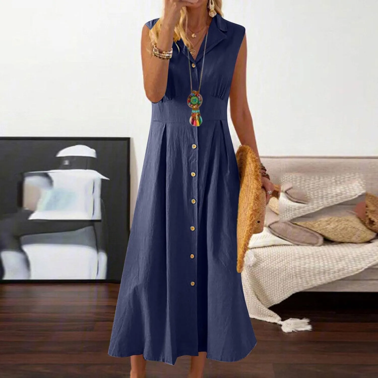 Vacation Dresses for Women 2025 Casual Beach Sundress Cotton Linen Vacation Loose Flowy V Neck Button Down Dress