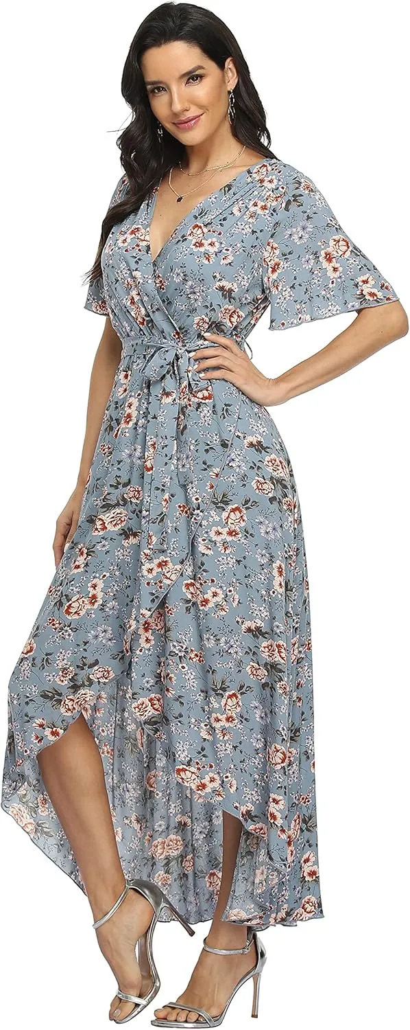 VintageClothing Women's Wrap V Neck Floral Summer Dresses High Low Maxi Casual