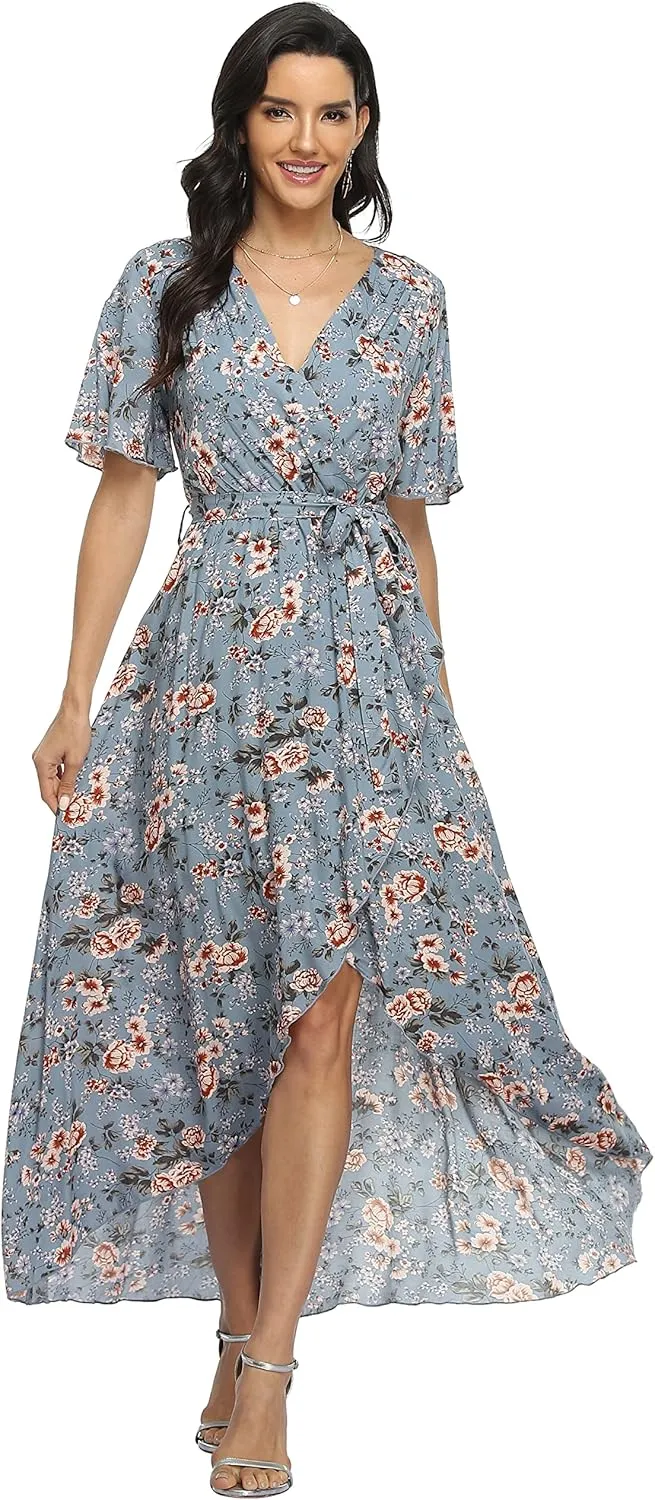 VintageClothing Women's Wrap V Neck Floral Summer Dresses High Low Maxi Casual