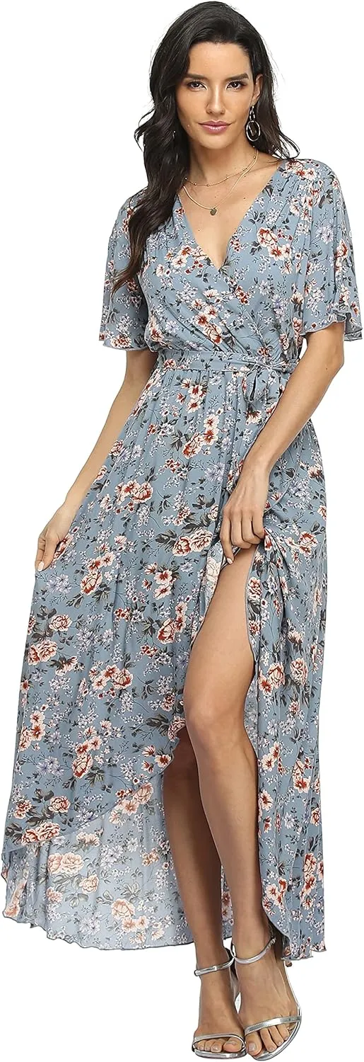 VintageClothing Women's Wrap V Neck Floral Summer Dresses High Low Maxi Casual