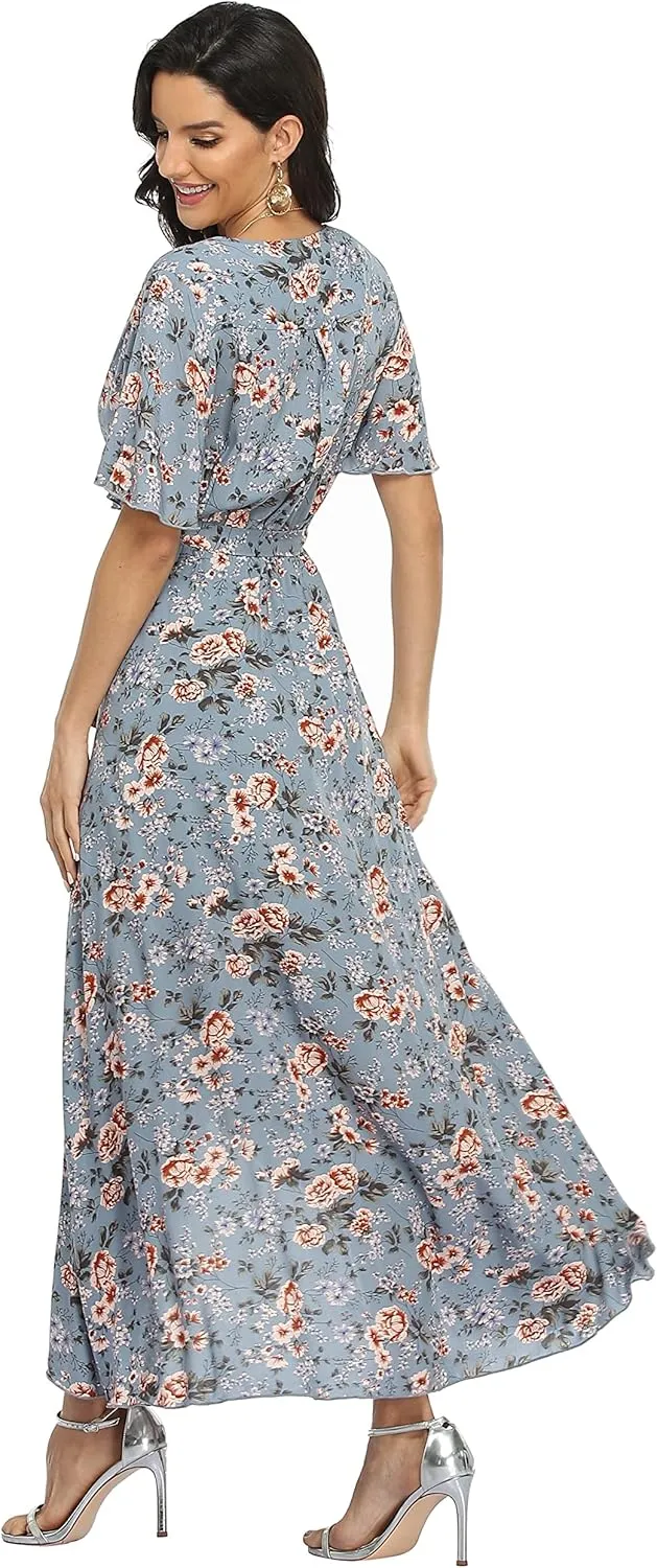 VintageClothing Women's Wrap V Neck Floral Summer Dresses High Low Maxi Casual
