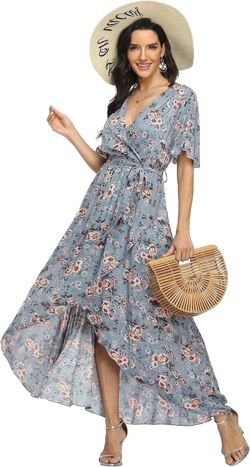 VintageClothing Women's Wrap V Neck Floral Summer Dresses High Low Maxi Casual