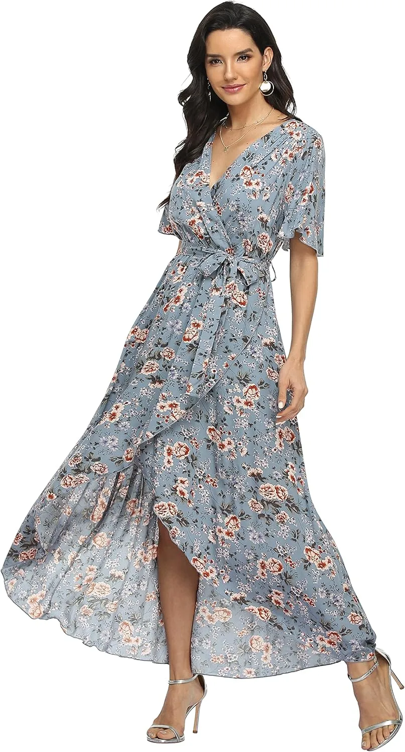VintageClothing Women's Wrap V Neck Floral Summer Dresses High Low Maxi Casual