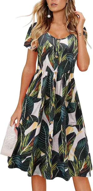 VOTEPRETTY Women's Short Sleeve V Neck Sundress Summer Casual Button Floral Dress with Pockets