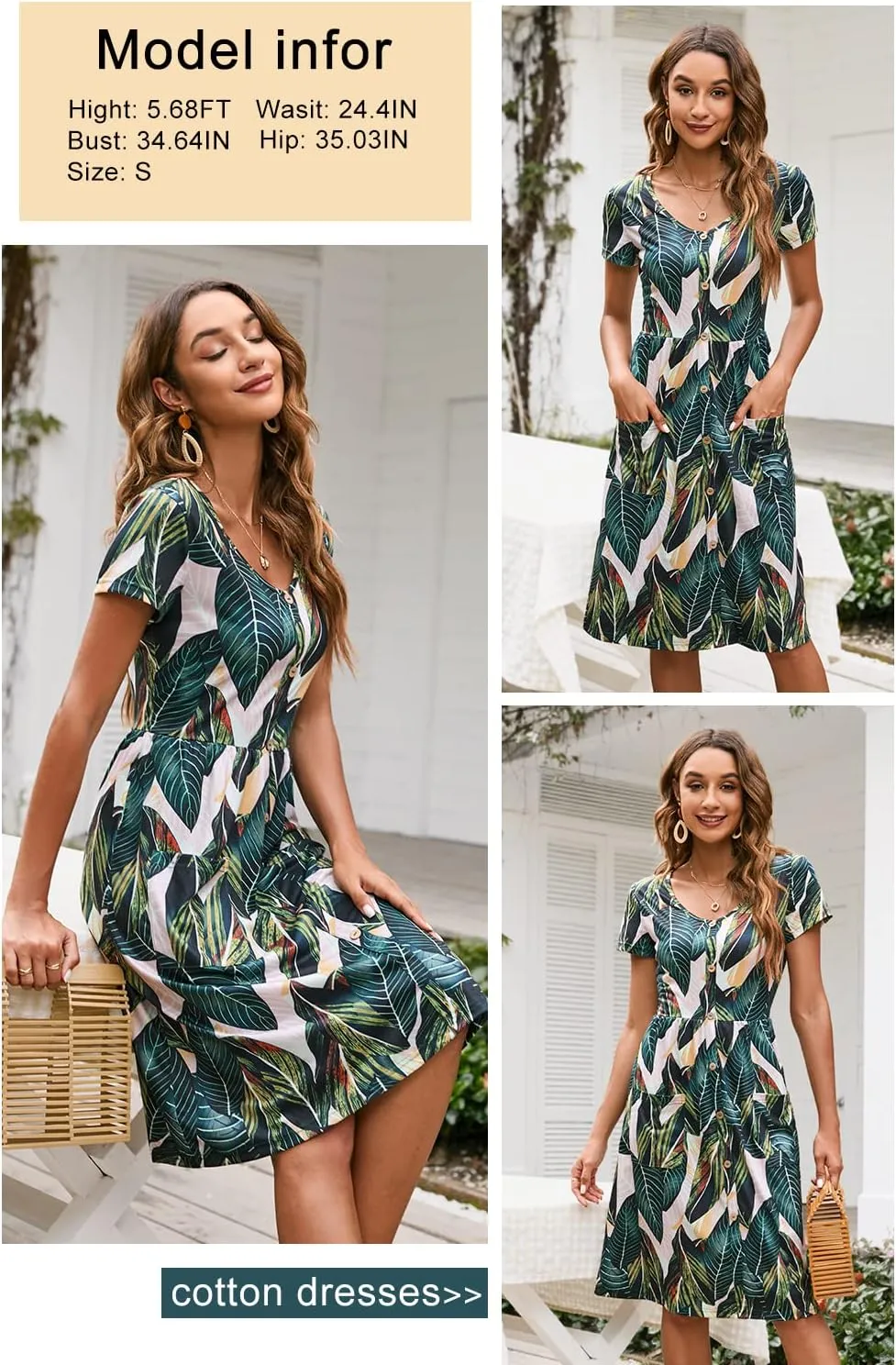 VOTEPRETTY Women's Short Sleeve V Neck Sundress Summer Casual Button Floral Dress with Pockets