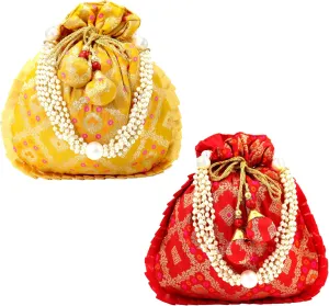 w p Banarasi bag Indian Ethnic Ladies Handbag Purse for Bridal Batwa Handle Purse Clutch for Women Gifts Jewelry Wedding Bag (Pack of 2)