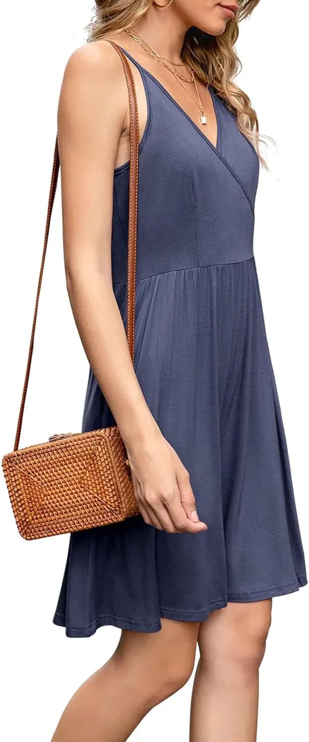 WEACZZY Women's 2025 Summer Dresses V Neck Spaghetti Strap Sundress Casual Beach Flowy Mini Dress with Pockets