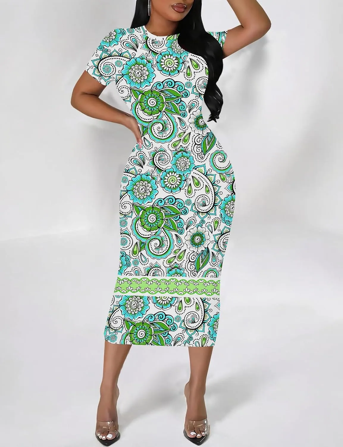 WOKANSE Stylish Dresses for Women Plus Size Sexy Crewneck Short Sleeve 3D Printed Bodycon Midi Dress