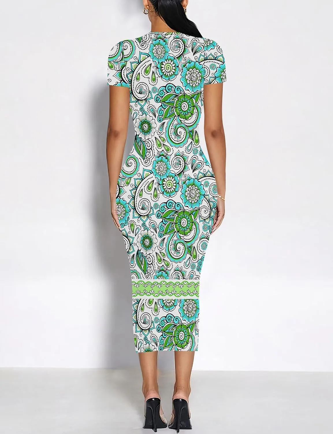 WOKANSE Stylish Dresses for Women Plus Size Sexy Crewneck Short Sleeve 3D Printed Bodycon Midi Dress