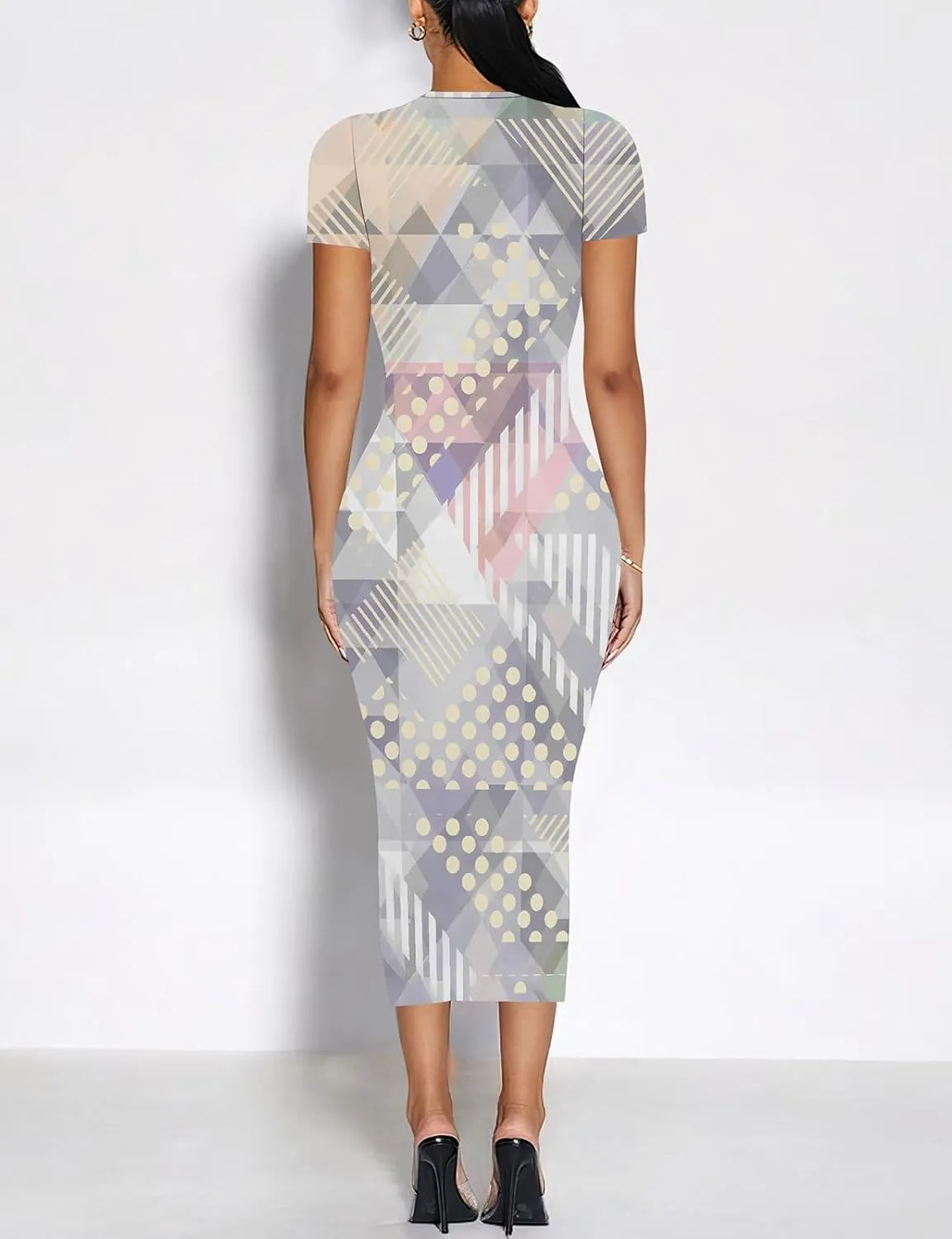 WOKANSE Stylish Dresses for Women Plus Size Sexy Crewneck Short Sleeve 3D Printed Bodycon Midi Dress