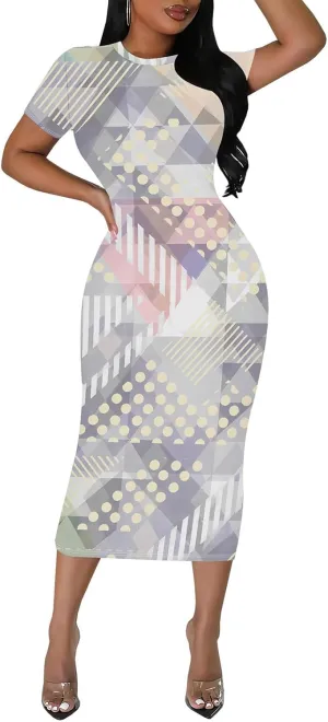 WOKANSE Stylish Dresses for Women Plus Size Sexy Crewneck Short Sleeve 3D Printed Bodycon Midi Dress