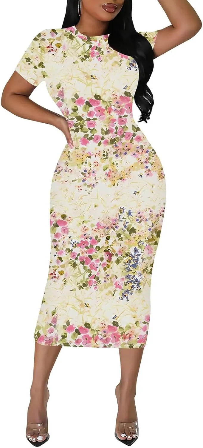 WOKANSE Stylish Dresses for Women Plus Size Sexy Crewneck Short Sleeve 3D Printed Bodycon Midi Dress