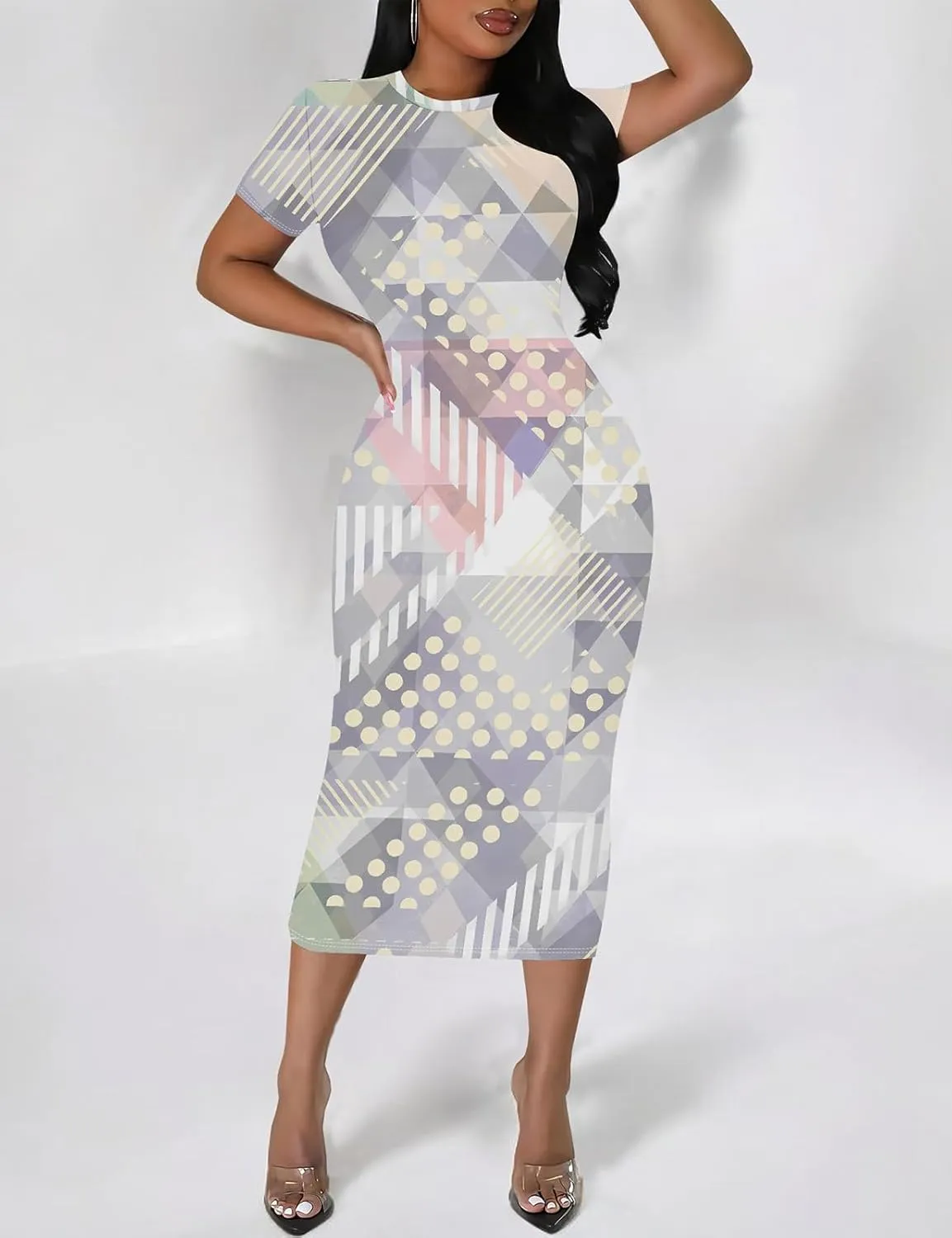WOKANSE Stylish Dresses for Women Plus Size Sexy Crewneck Short Sleeve 3D Printed Bodycon Midi Dress